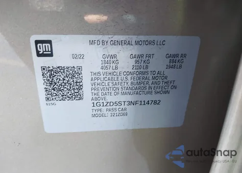 2022 Chevrolet Malibu Fwd Lt из США, поврежденный, VIN 1G1ZD5ST3NF114782